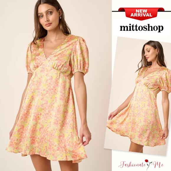 Mittoshop Printed Design V-Neck Short Puff Sleeves Ruched Mini Dress | Yellow - Picture 1 of 6